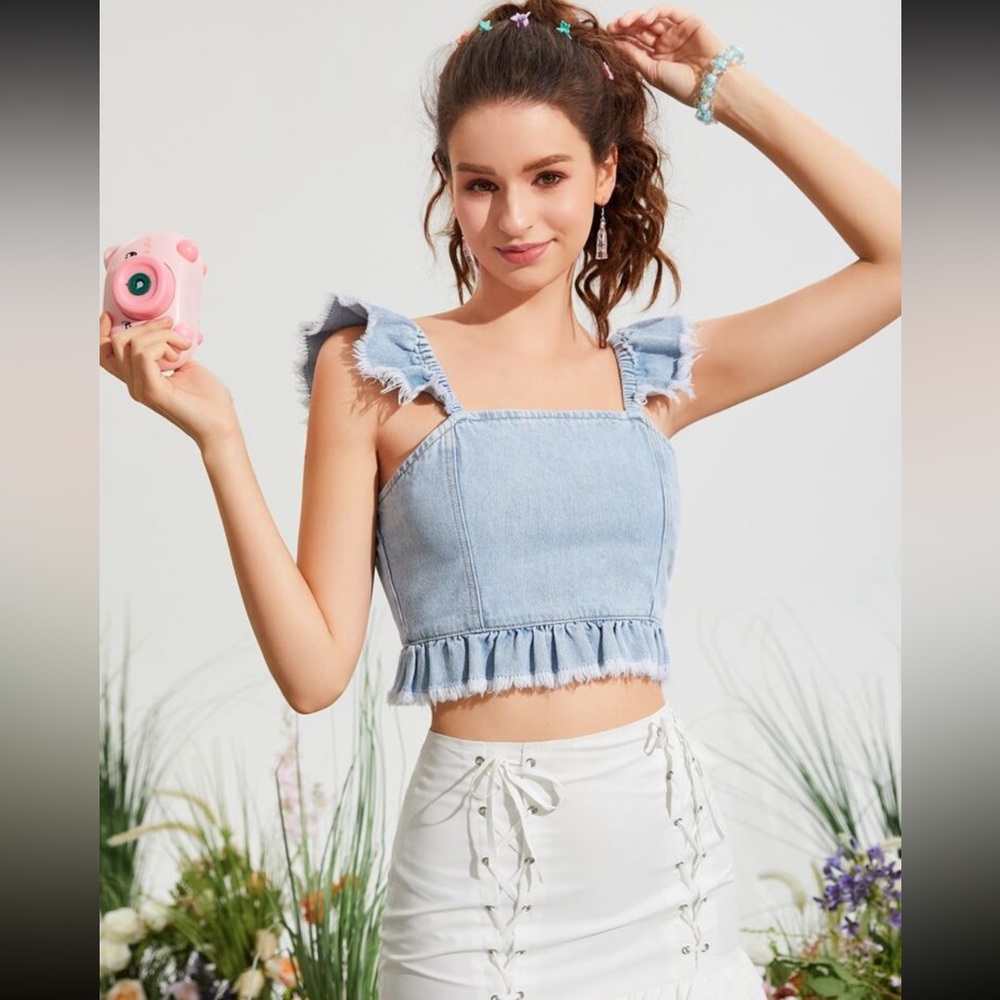 NWOT Denim Ruffle Trim Crop Top